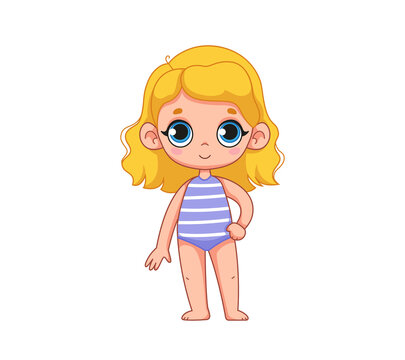 Cute blonde girl in a striped blue swimsuit. Children's illustration of a blond Swede child in beach clothes. Vector illustration in cartoon childish style. Isolated funny character clipart cute baby