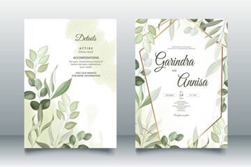  Elegant wedding invitation card with beautiful leaves template Premium Vector