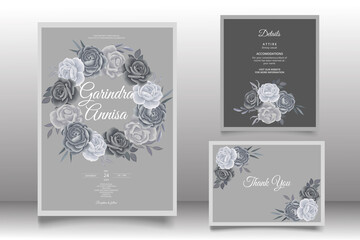 Elegant wedding invitation card with beautiful black grey floral and leaves template Premium Vector