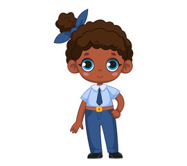 Cute cartoon black African girl dressed as a police officer. The concept of choosing a profession by a child. Character vector illustration. Isolated funny sheriff uniform clipart