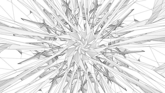 3d render of black and white monochrome abstract art video animation with surreal alien fractal kaleidoscopic outline flower crystal diamond symmetry structure in transformation changing process 