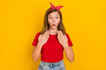 Photo of adorable sweet pretty girl impressed astonished see black friday advert isolated on yellow color background
