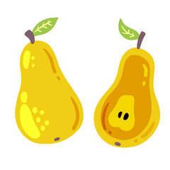 Yellow pear fruit with leaf. Sweet natural food. Vector illustration