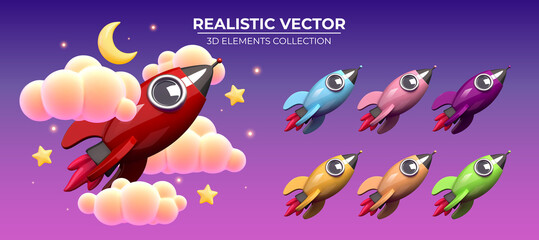 A set of multi-colored rockets flying in the night sky. Realistic rocket surrounded by beautiful clouds and stars. Decorative elements in render style for web design. Realistic vector objects