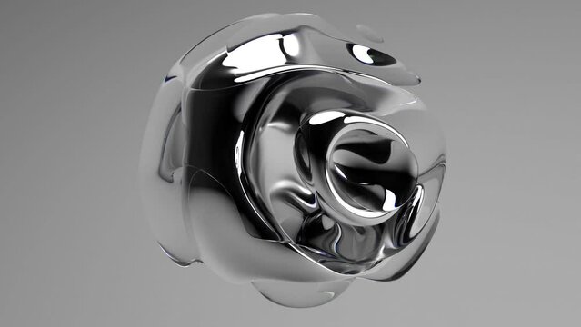 3d video of abstract art with surreal 3d organic alien ball or liquid substance in curve wavy smooth and soft bio forms in silver metal material with glossy glass parts on grey background