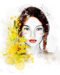 Watercolor portrait of a beautiful woman with mimosa branch - 8 march illustration