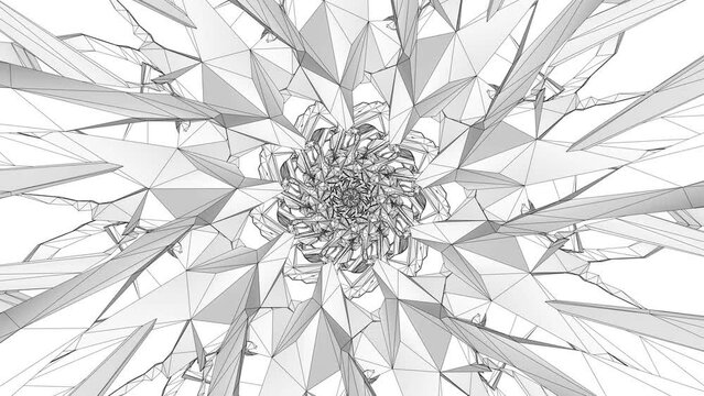3d render of black and white monochrome abstract art video animation with surreal alien fractal kaleidoscopic outline flower crystal diamond symmetry structure in transformation changing process 