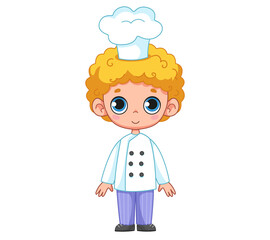 A cute curly-haired boy in a cook's suit and a white hat. Vector illustration of baby baker character in cartoon childish style. Isolated funny Swede clipart on white background. cute print.
