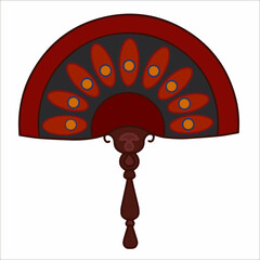 Traditional red fan with ornament. Accessory. An isolated item on a white background. Vector