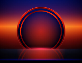 Vector empty blue neon shine table or room wall background with red round banner for design