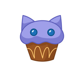 A cute cupcake with blue cream in the shape of a cat's face with ears and cream. Vector illustration of a cake in a cartoon childish style. Isolated funny bakery clipart. cute kitchen print.