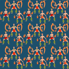 Polynesian fire dancers. Seamless background pattern