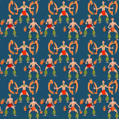 Polynesian fire dancers. Seamless background pattern