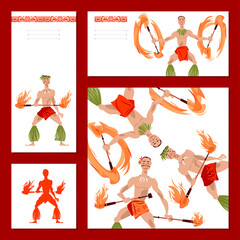 Set of 4 universal cards with Polynesian fire dancers.