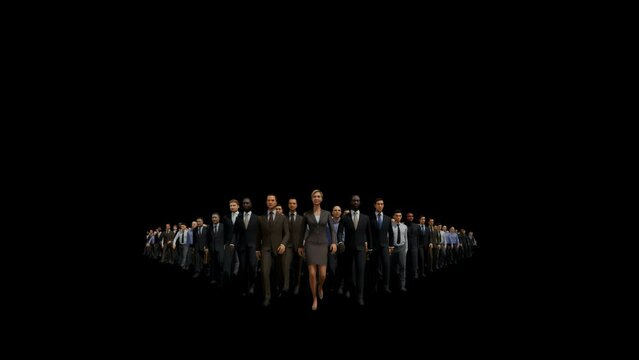 Businessmen lead by a businesswoman, 4K against black