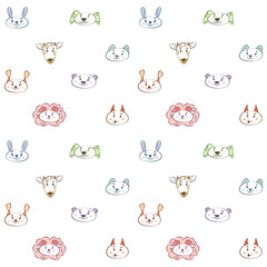 Cute seamless pattern with the faces of different animals. Cartoon muzzles of cat, dog, sheep, lamb. The heads of a bear, fox, hare or rabbit. Funny faces of squirrel, giraffe and cow. Nursery design.