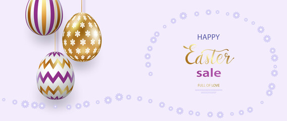 Happy Easter lettering with realistic looking purple golden eggs. Geometric patterns. Greeting card, invitation, poster, banner template. Vector