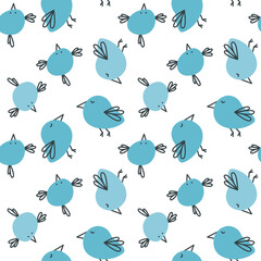 Fototapeta premium Cute seamless pattern with funny doodle birds. Spring print for greeting cards and invitations. Design for children's clothing, nursery wallpaper , school supplies. Beautiful background.