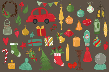 Set of Christmas decorations and decor. Vector isolated items