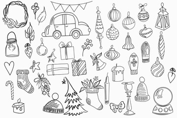 Linear items for Christmas: balls, lily, berries, tree, hat. Template on white background