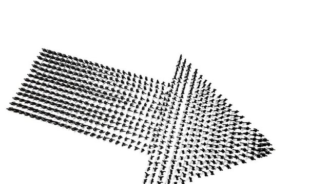 Businessmen lead by a businesswoman forming arrow shape, 4K, against white