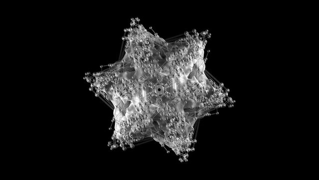 3d render of monochrome black and white video animation abstract art with surreal fractal alien star flower in transformation process based on atomic organic wire structure in transparent plastic