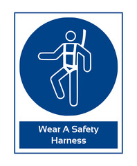 Wear A Safety Harness. Mandatory Sign. Work Safety Equipment Signs In White Pictogram. ISO 7010 Sign