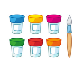 A set of gouache paints in jars and a brush. Vector illustration of artist's drawing supplies in cartoon childish style. Isolated funny clipart on white background. cute print.