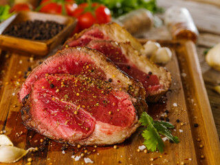 Steak from raw beef, pork, veal from farm meat prepared by the chef on a wooden table. Macro shot. Restaurant, hotel, home cooking, recipes, cookbook.