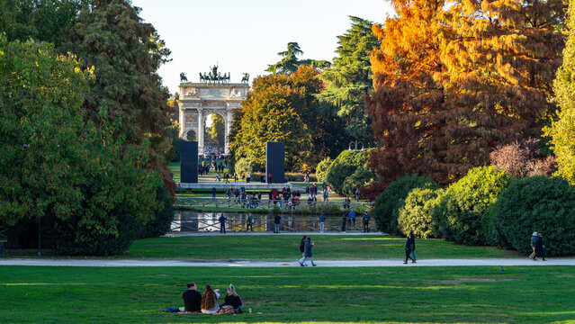 View of Parco Sempione, the largest park in Milan during autumn season, Italy