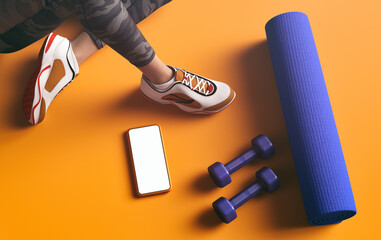Online exercise application concept with blank screen on smartphone.- 3d rendering
