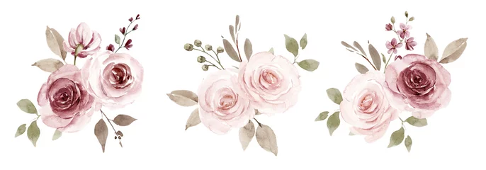 Behang Bloemen Set aquarel bloemen hand schilderij, bloemen vintage boeketten met roze rozen. Decoratie voor poster, wenskaart, verjaardag, bruiloft ontwerp. Geïsoleerd op een witte achtergrond.