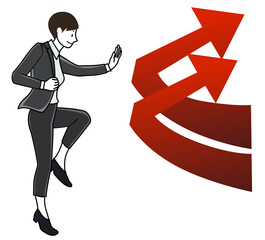 武道の構えで困難を跳ね返し好転させるイメージの、矢印とビジネスパーソンセット