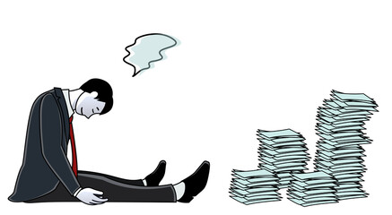 積まれて崩れそうな書類を前に、燃え尽きた表情で力なくうつむくビジネスパーソン