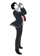 イラスト素材：顔に手を当てて何かを呼びかけるようなポーズのビジネスパーソン