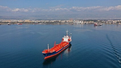 Aerial drone photo of oil tanker anchored in Mediterranean port