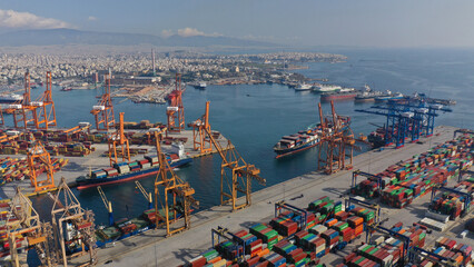 Aerial drone photo of industrial logistics unloading import and export container terminal of Perama...