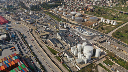 Fototapeta premium Aerial drone photo of huge crude oil tanks near oil refinery plant