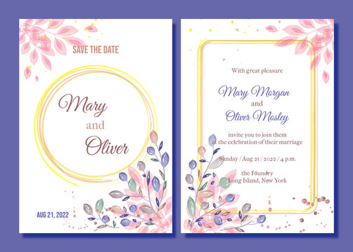 wedding invitation card with watercolor flowers. vector illustration design. Fonts: Bebas Neue, Great Vibes, IM FELL French Canon