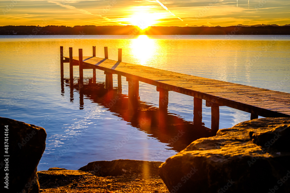 Poster old wooden jetty at a lake