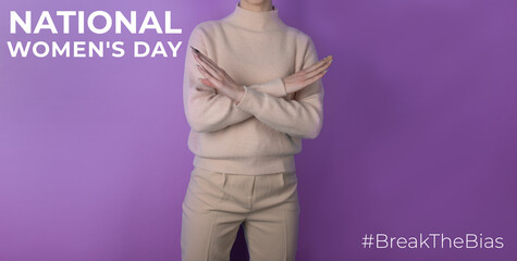 Break the bias symbol of woman's international day. Crossed hands. Woman arms crossed to show...