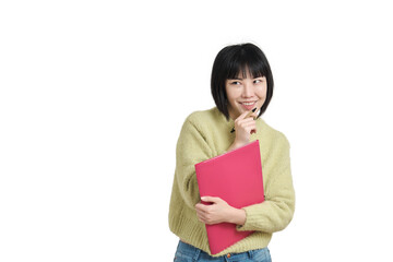 Young asian student woman with coquettish smile, wearing winter green sweater, isolated on white background.