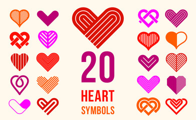 Hearts geometric linear logos vector icons or logotypes set, graphic design modern style elements, love care and charity geometrical symbols collection.