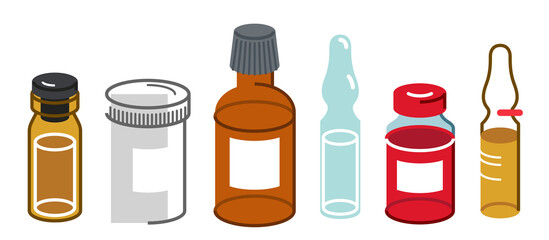 Set of medical bottles and vials vector flat style illustration isolated over white, meds drugstore concept, apothecary prescription medicament flagons and ampules.