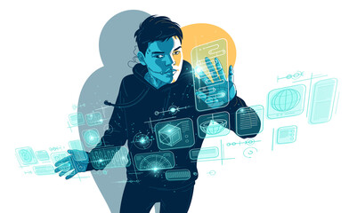 Teenager boy robot controls HUD virtual interface vector illustration, futuristic concept artificial intelligence, cyberpunk future technology neural network. - obrazy, fototapety, plakaty
