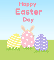  Easter greeting card with bunny, colorful eggs and spring Grass. Easter greeting card, banner easter eggs and ribbit. Cartoon Character for Easter Holiday.