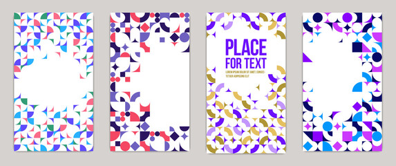 Backgrounds and cover templates vector set, abstract geometric designs, bright color compositions with copy spaces for text, complex modern art layout.