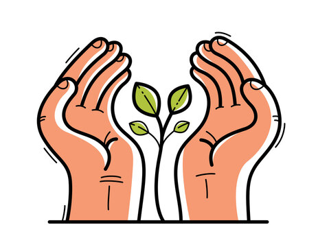 Two hands with small plant protecting and showing care vector flat style illustration isolated on white, cherish and defense for environment concept, botanical life protection.