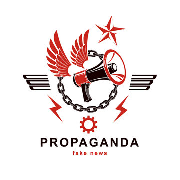 Vector winged logo composed with megaphone equipment surrounded by iron chain and engineering cog wheel. Propaganda as the method of ideology imposing