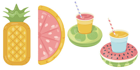 A set of inflatable mattress icons in various shapes for pool parties, beach holidays and hotel vacations. Vector illustration